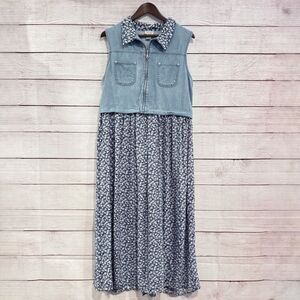 Vintage Studio Denim Vest Top Floral Maxi Dress Size 14 Western Boho Prairie Y2K